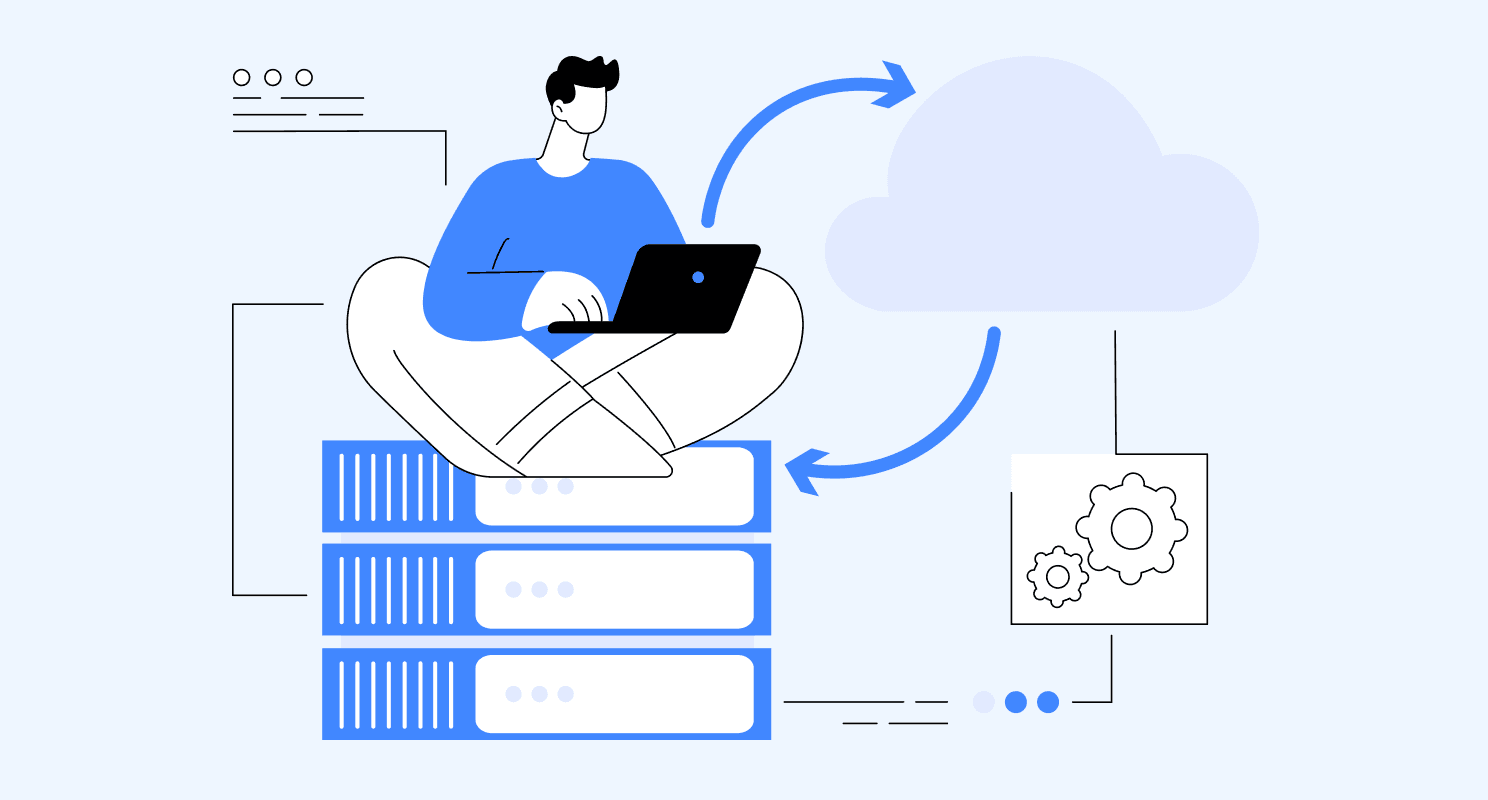 Salesforce data migration concept showing cloud transfer, data servers, and system integration process